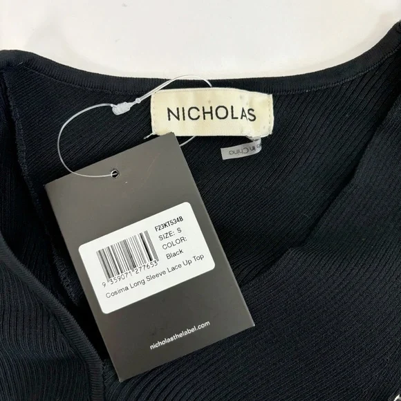 NICHOLAS Cosima Long Sleeve Ribbed Lace Up Top in Black Size S - Picture 7 of 11